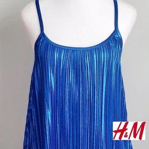 Strappy Metallic Blue Micro Pleats Camisole Tank Top Scoop Neck Flowy Disco Vibe